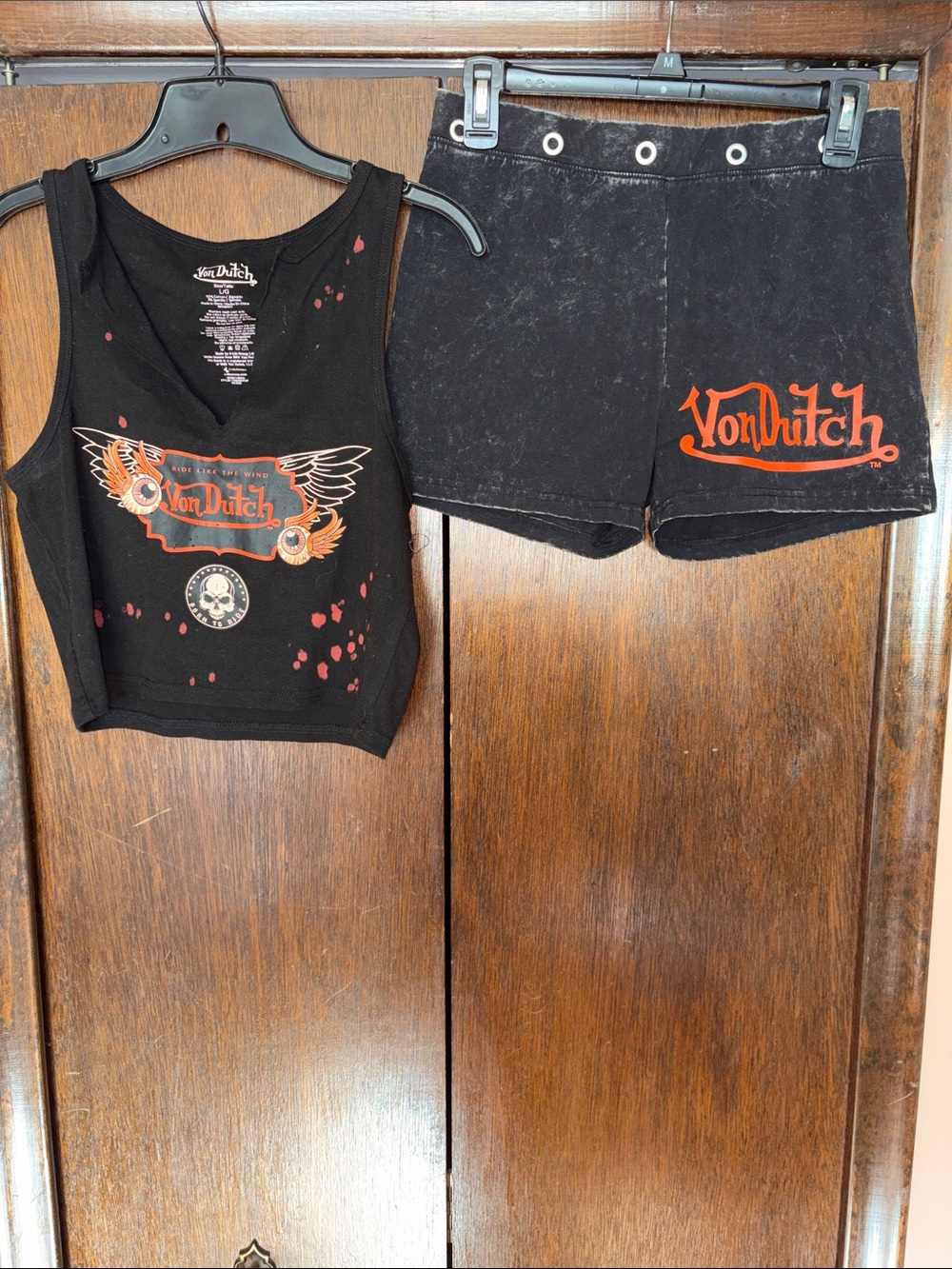 Von Dutch Black Crop Tank and shorts with Orange Winged Logo